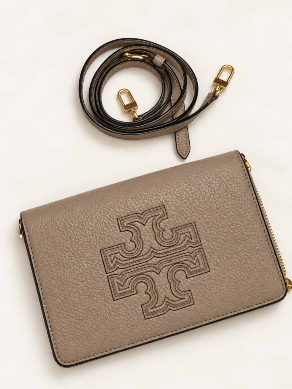 Tory Burch Thea Taupe Leather Wallet Crossbody